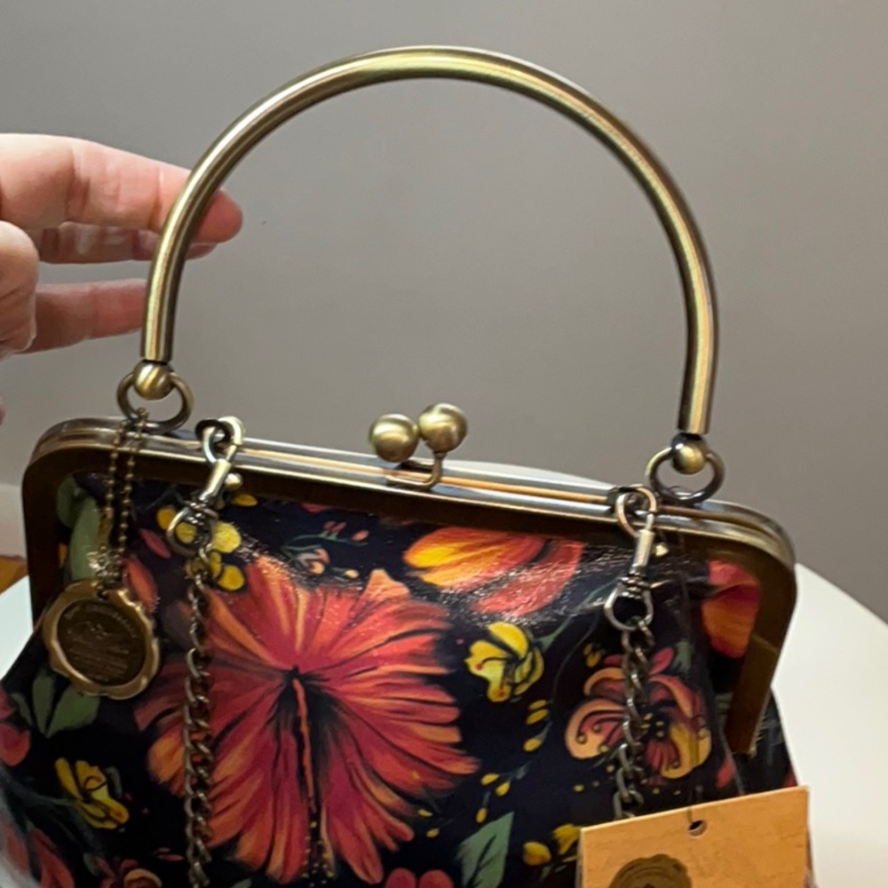 Patricia Nash Tropical Escape Kisslock Satchel Crossbody Floral Leather Bag NWT - Picture 7 of 16